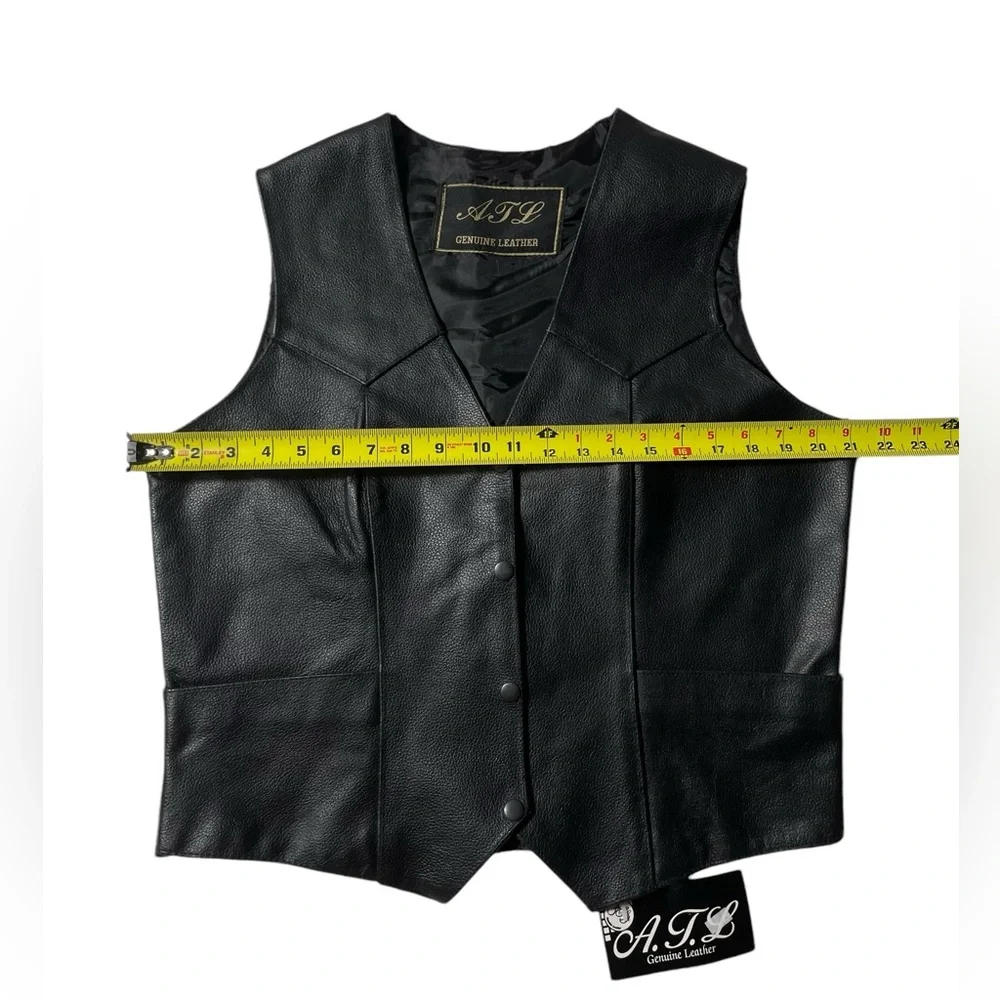 ATL Genuine Leather Black Biker Vest size M Snap Button NWT
